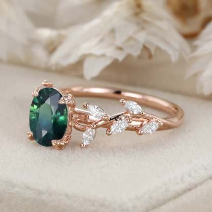 Oval Cut Lab-Grown Blue Green Sapphire Ring 14K Solid Gold Engagement Ring Branch Marquise Moissanite Cluster Ring