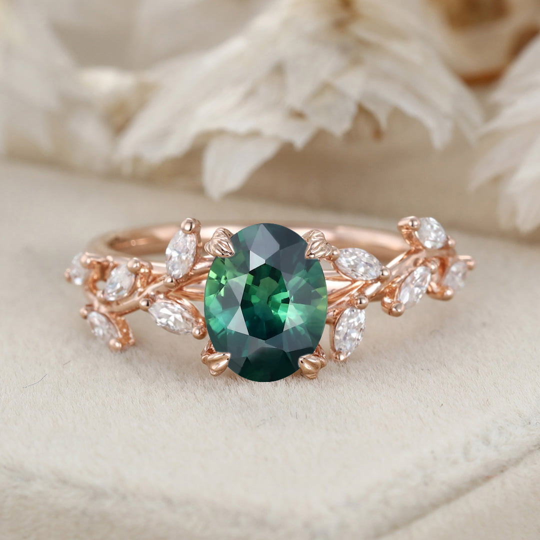 Oval Cut Lab-Grown Blue Green Sapphire Ring 14K Solid Gold Engagement Ring Branch Marquise Moissanite Cluster Ring