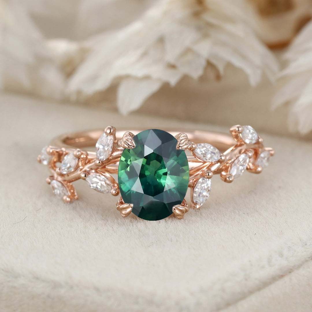 Oval Cut Lab-Grown Blue Green Sapphire Ring 14K Solid Gold Engagement Ring Branch Marquise Moissanite Cluster Ring