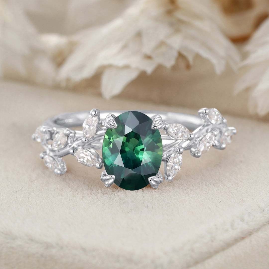 Oval Cut Lab-Grown Blue Green Sapphire Ring 14K Solid Gold Engagement Ring Branch Marquise Moissanite Cluster Ring