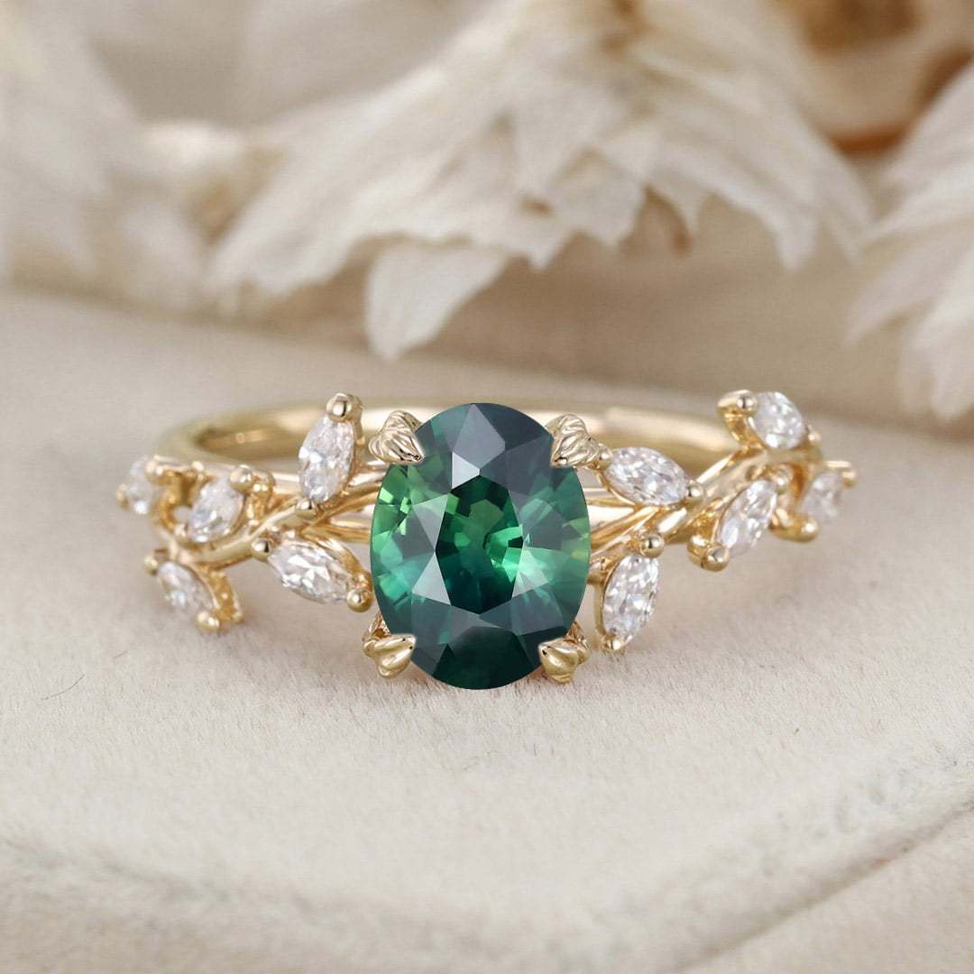 Oval Cut Lab-Grown Blue Green Sapphire Ring 14K Solid Gold Engagement Ring Branch Marquise Moissanite Cluster Ring