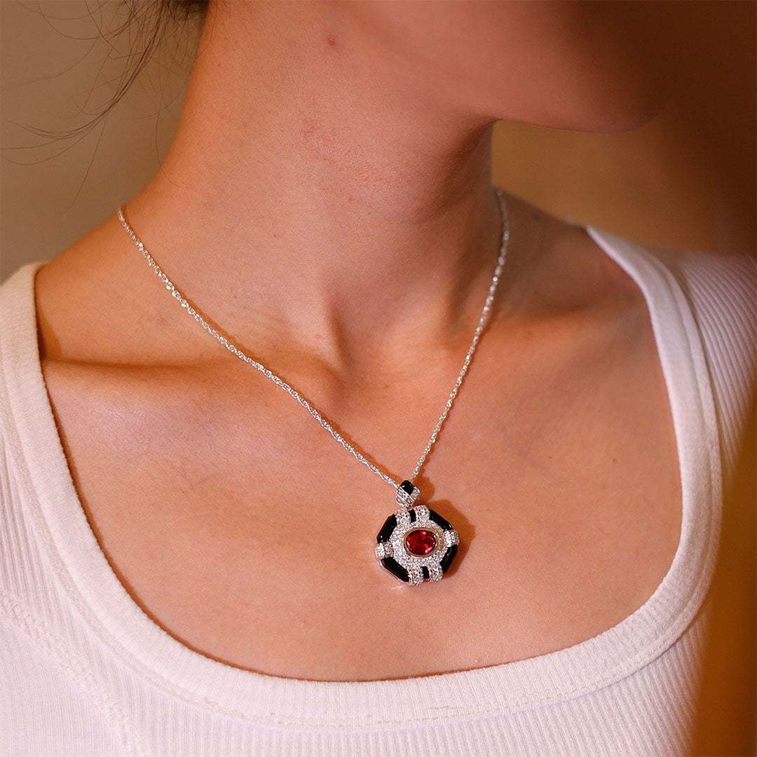 Oval Cut Lab Ruby Pendant Necklaces Unique Hip Hop Art Deco 14K White Gold Necklaces