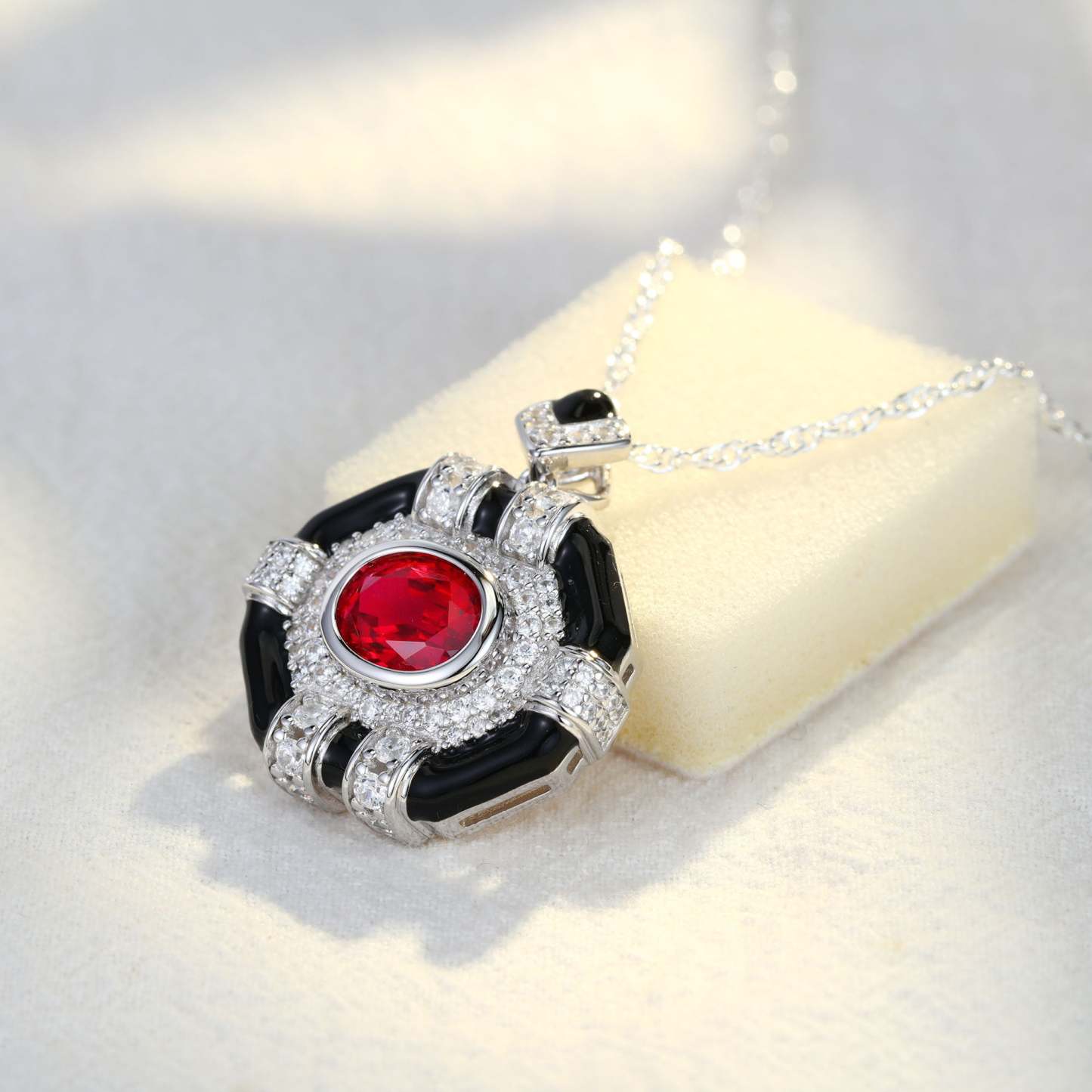 Oval Cut Lab Ruby Pendant Necklaces Unique Hip Hop Art Deco 14K White Gold Necklaces