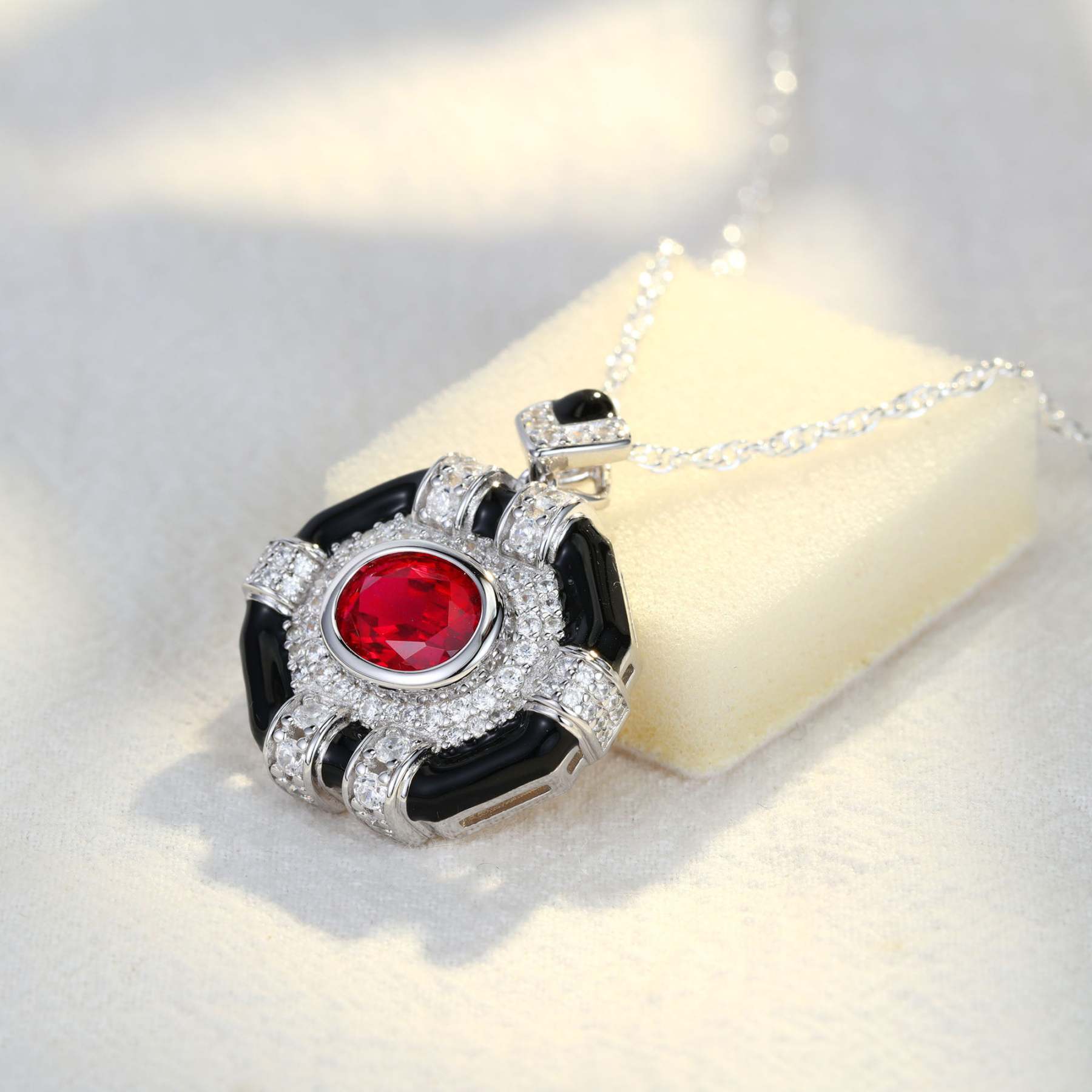 Oval Cut Lab Ruby Pendant Necklaces Unique Hip Hop Art Deco 14K White Gold Necklaces