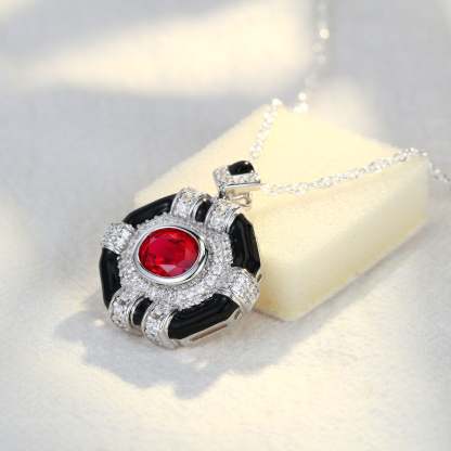 Oval Cut Lab Ruby Pendant Necklaces Unique Hip Hop Art Deco 14K White Gold Necklaces