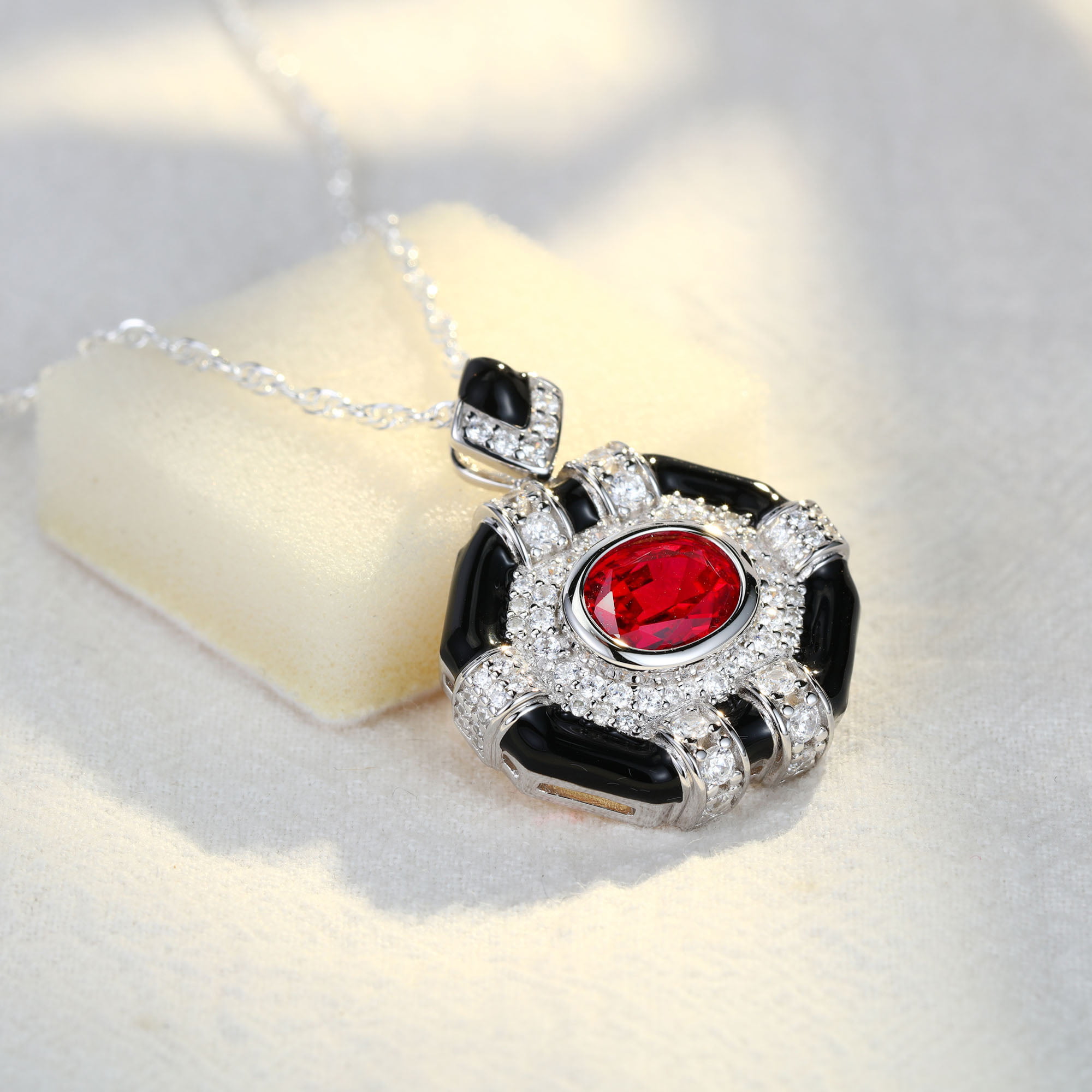 Oval Cut Lab Ruby Pendant Necklaces Unique Hip Hop Art Deco 14K White Gold Necklaces