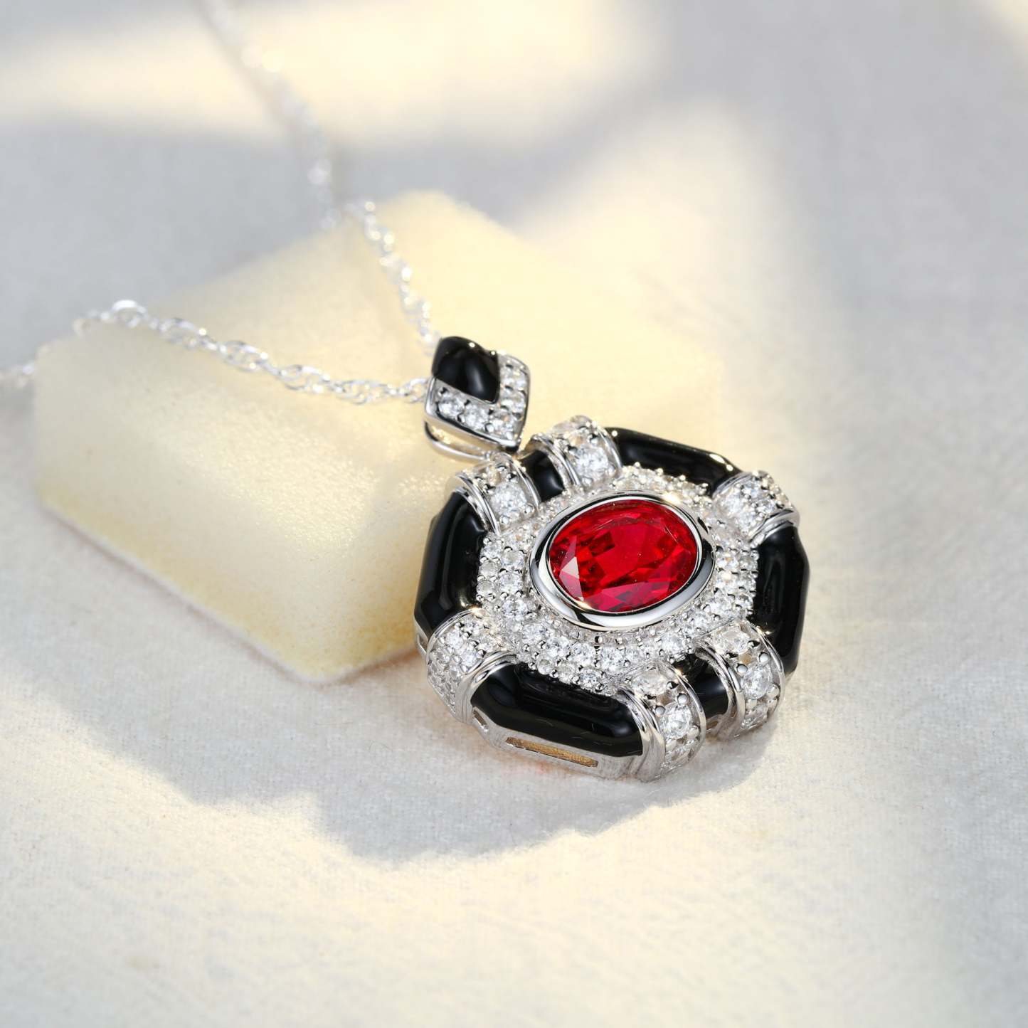Oval Cut Lab Ruby Pendant Necklaces Unique Hip Hop Art Deco 14K White Gold Necklaces