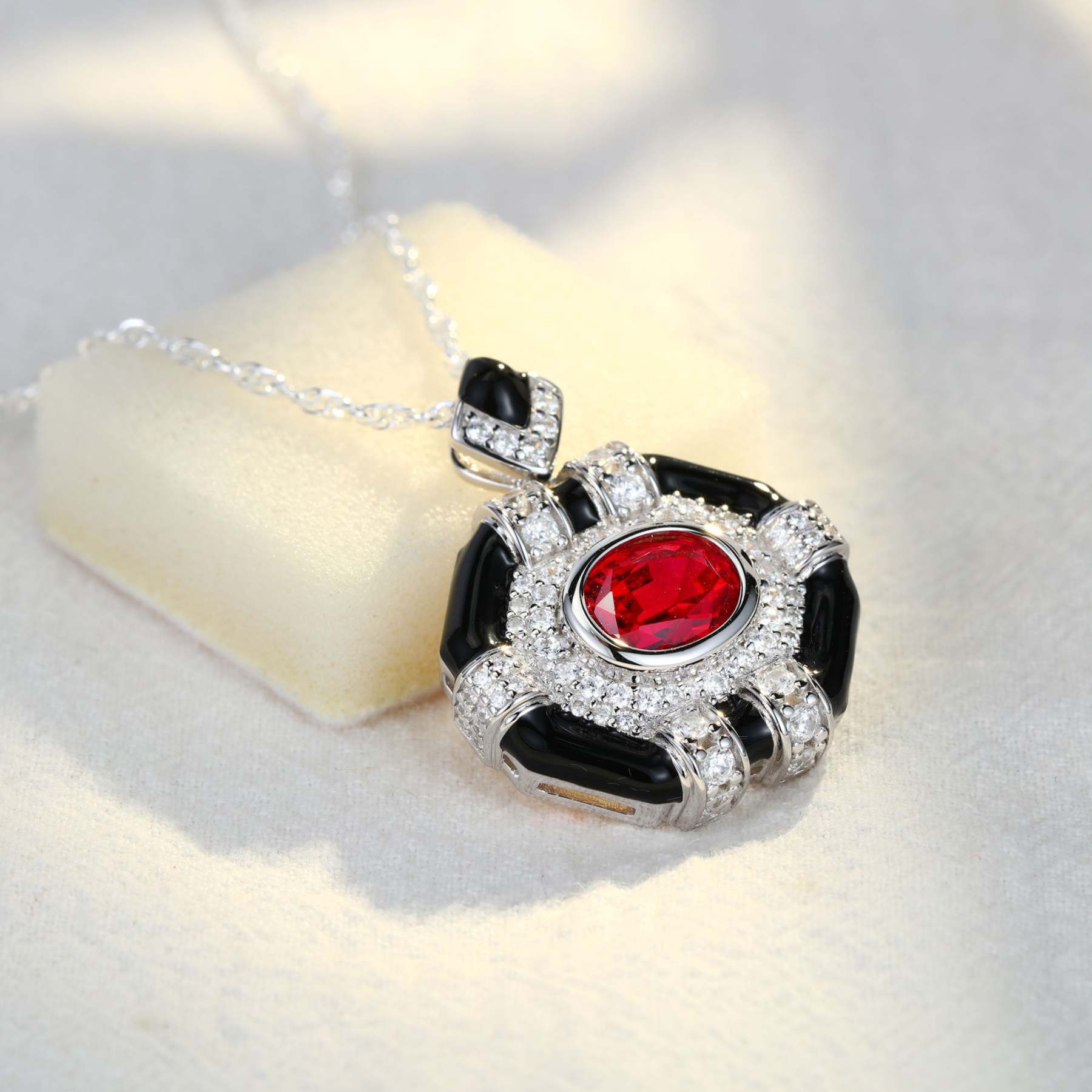 Oval Cut Lab Ruby Pendant Necklaces Unique Hip Hop Art Deco 14K White Gold Necklaces