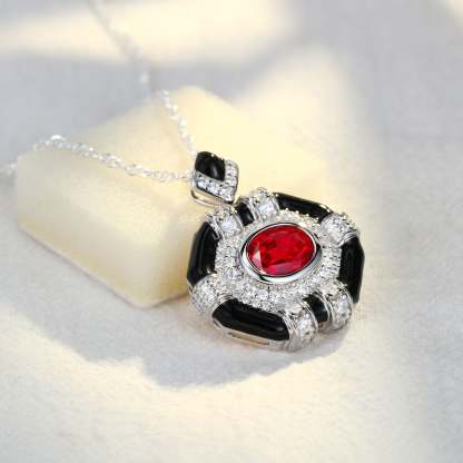 Oval Cut Lab Ruby Pendant Necklaces Unique Hip Hop Art Deco 14K White Gold Necklaces