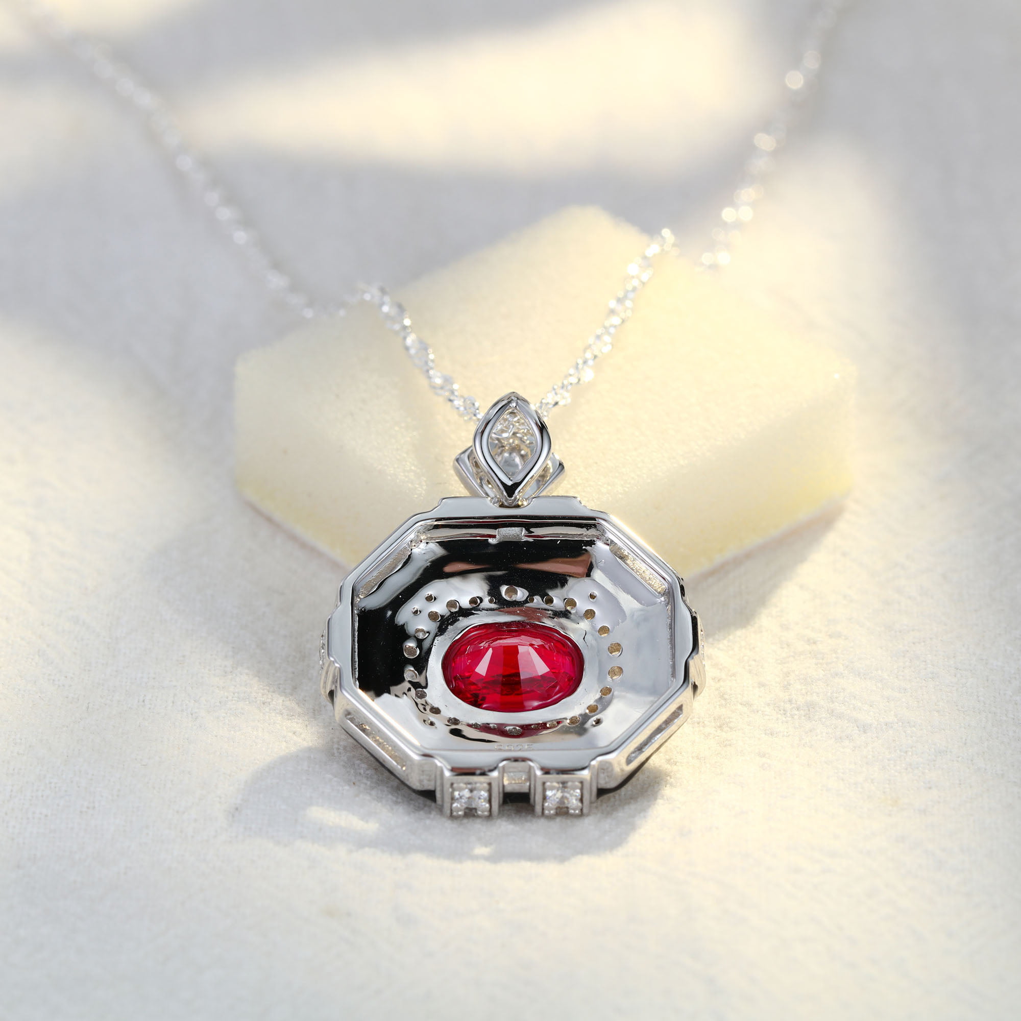 Oval Cut Lab Ruby Pendant Necklaces Unique Hip Hop Art Deco 14K White Gold Necklaces