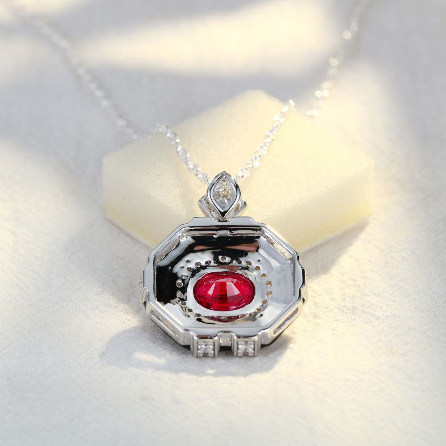 Oval Cut Lab Ruby Pendant Necklaces Unique Hip Hop Art Deco 14K White Gold Necklaces
