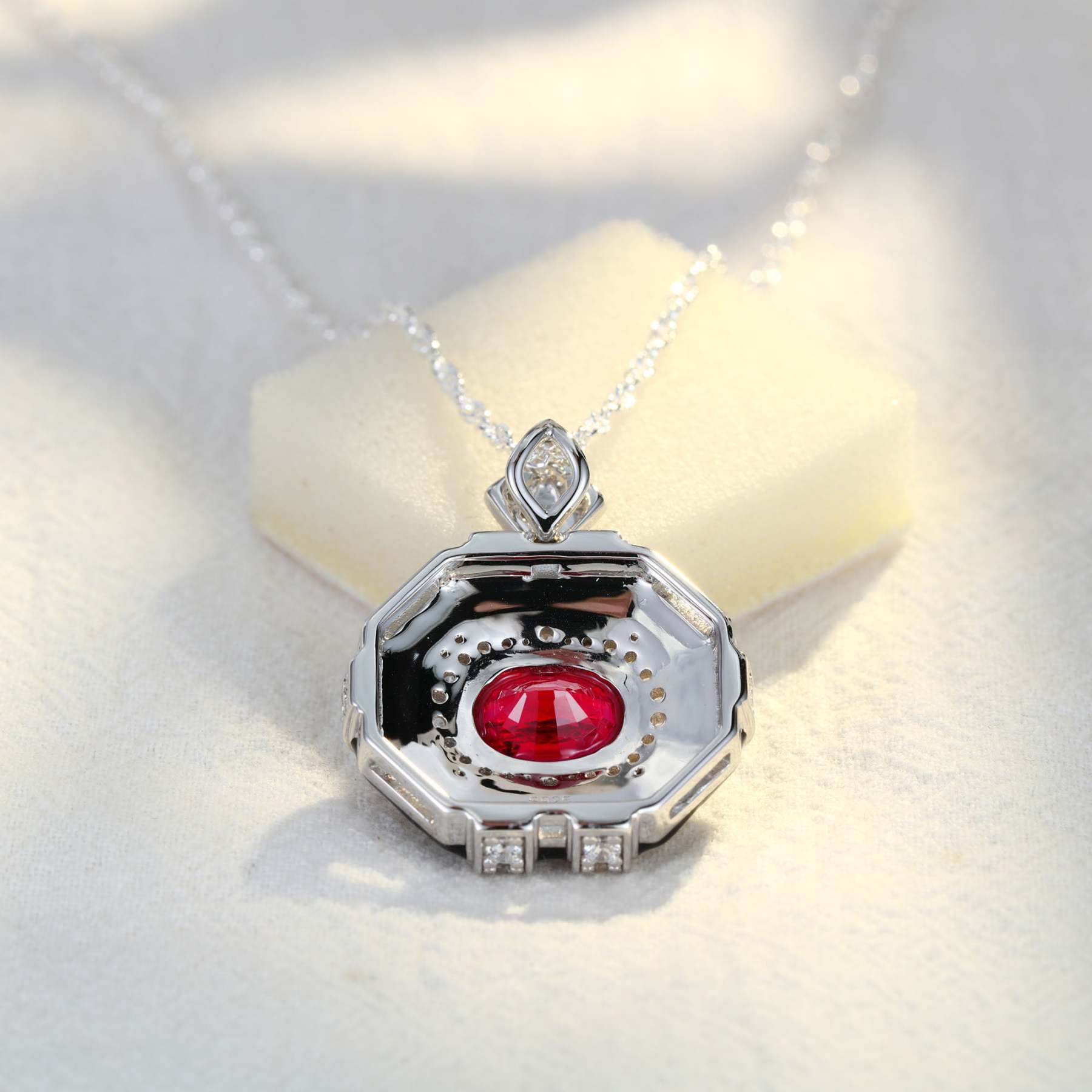 Oval Cut Lab Ruby Pendant Necklaces Unique Hip Hop Art Deco 14K White Gold Necklaces