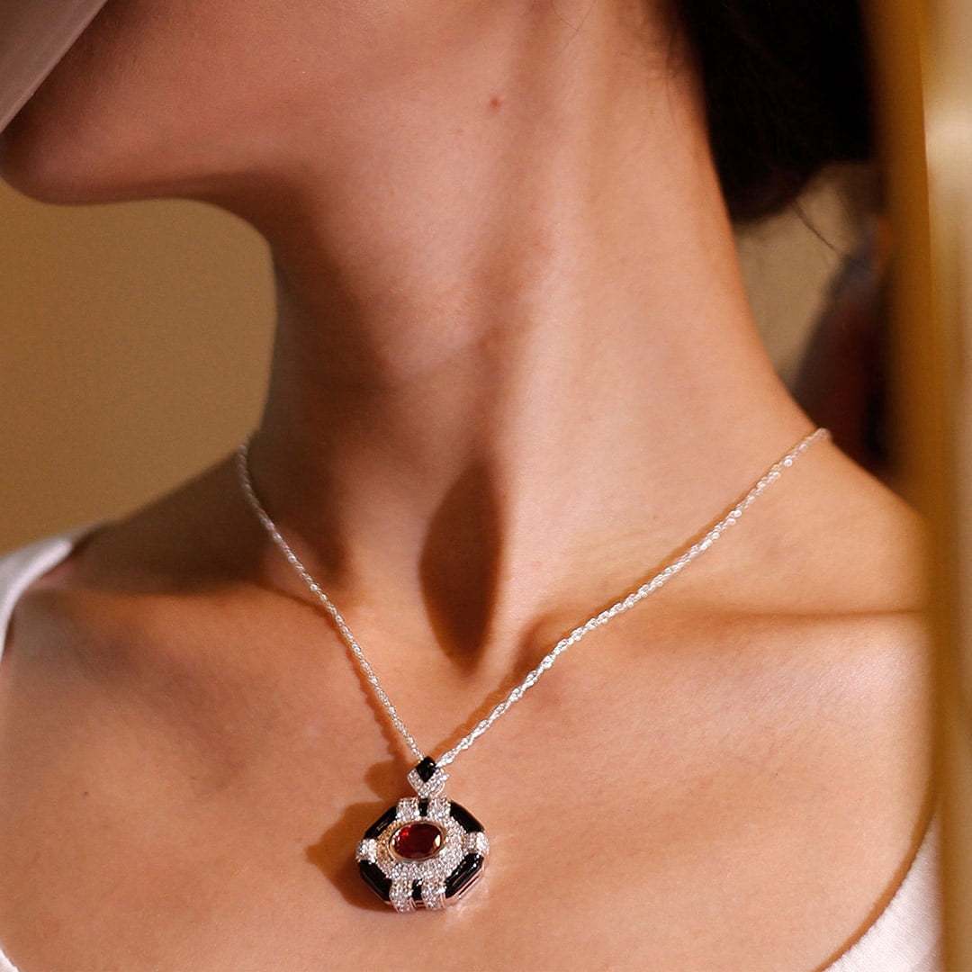 Oval Cut Lab Ruby Pendant Necklaces Unique Hip Hop Art Deco 14K White Gold Necklaces