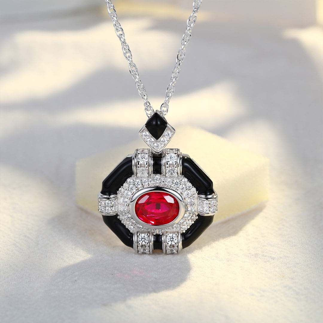 Oval Cut Lab Ruby Pendant Necklaces Unique Hip Hop Art Deco 14K White Gold Necklaces