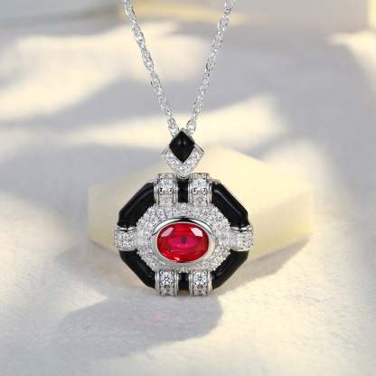 Oval Cut Lab Ruby Pendant Necklaces Unique Hip Hop Art Deco 14K White Gold Necklaces