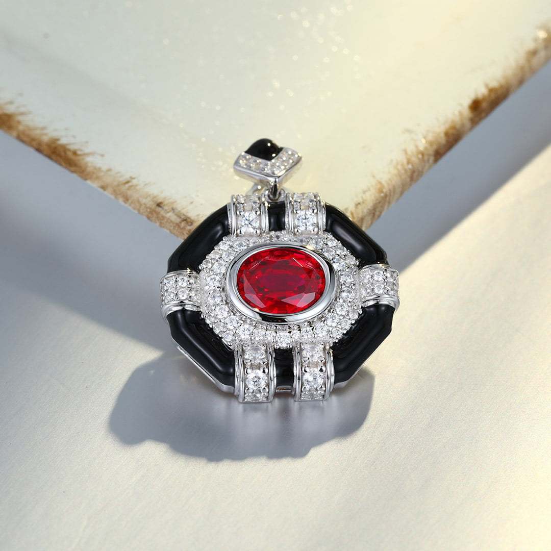 Oval Cut Lab Ruby Pendant Necklaces Unique Hip Hop Art Deco 14K White Gold Necklaces