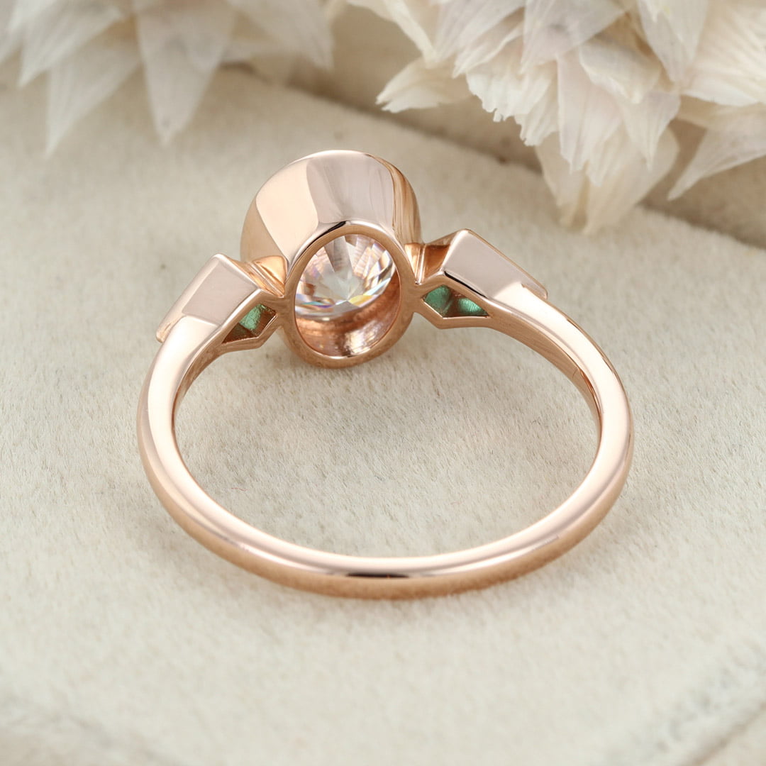 Oval Cut Moissanite Engagement Ring 14K Solid Gold Kite Cut Lab Emerald Ring 3 Stone Bezel Engagement Ring