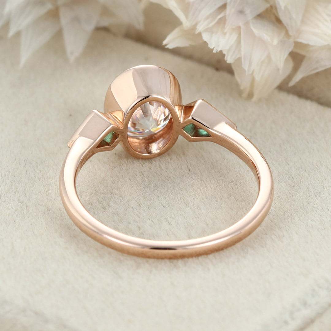 Oval Cut Moissanite Engagement Ring 14K Solid Gold Kite Cut Lab Emerald Ring 3 Stone Bezel Engagement Ring