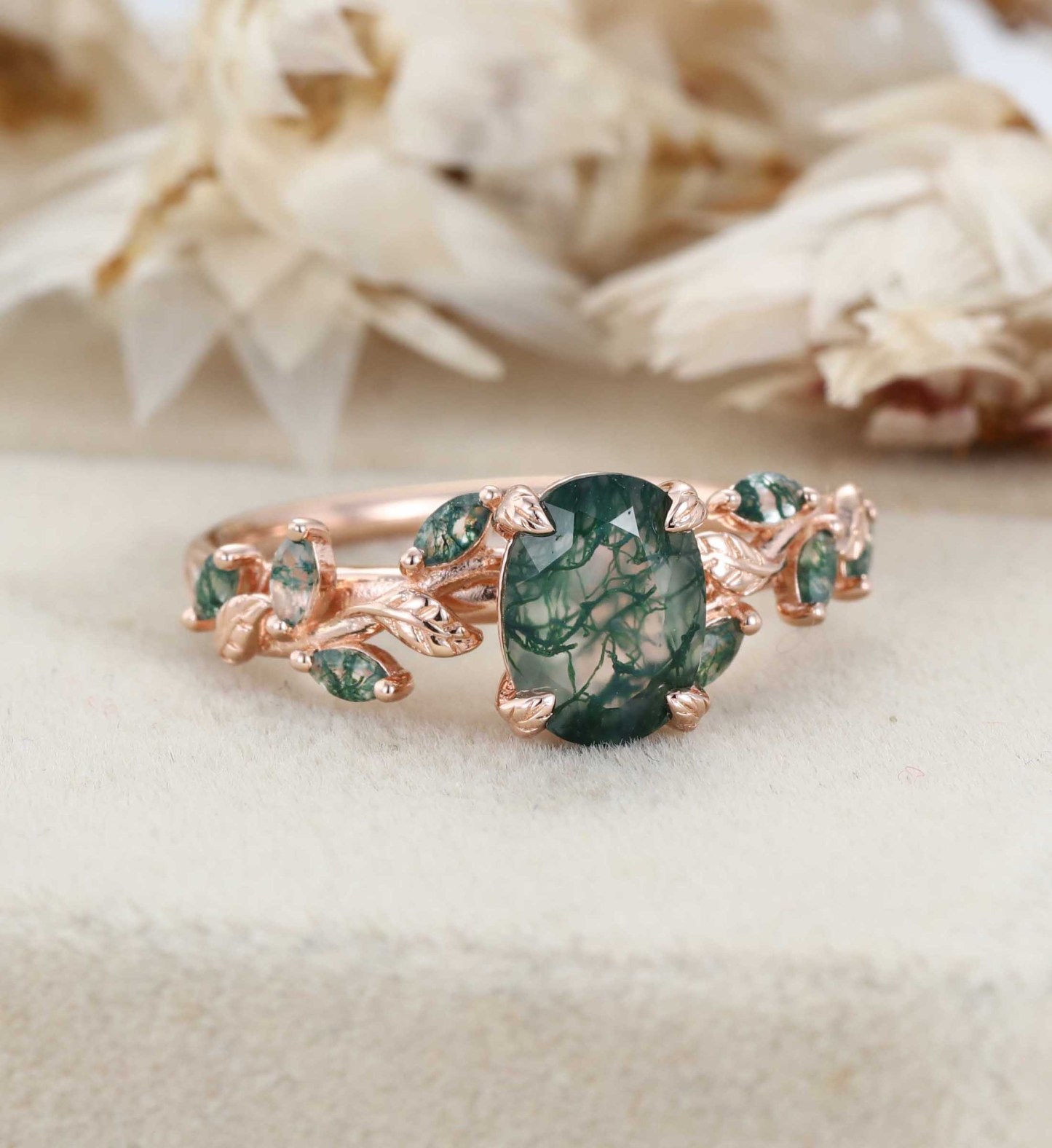 Oval Cut Moss Agate Engagement Ring Solid 14K Rose Gold Ring Marquise Moss Agate Bridal Ring Nature Inspired Leaf Ring