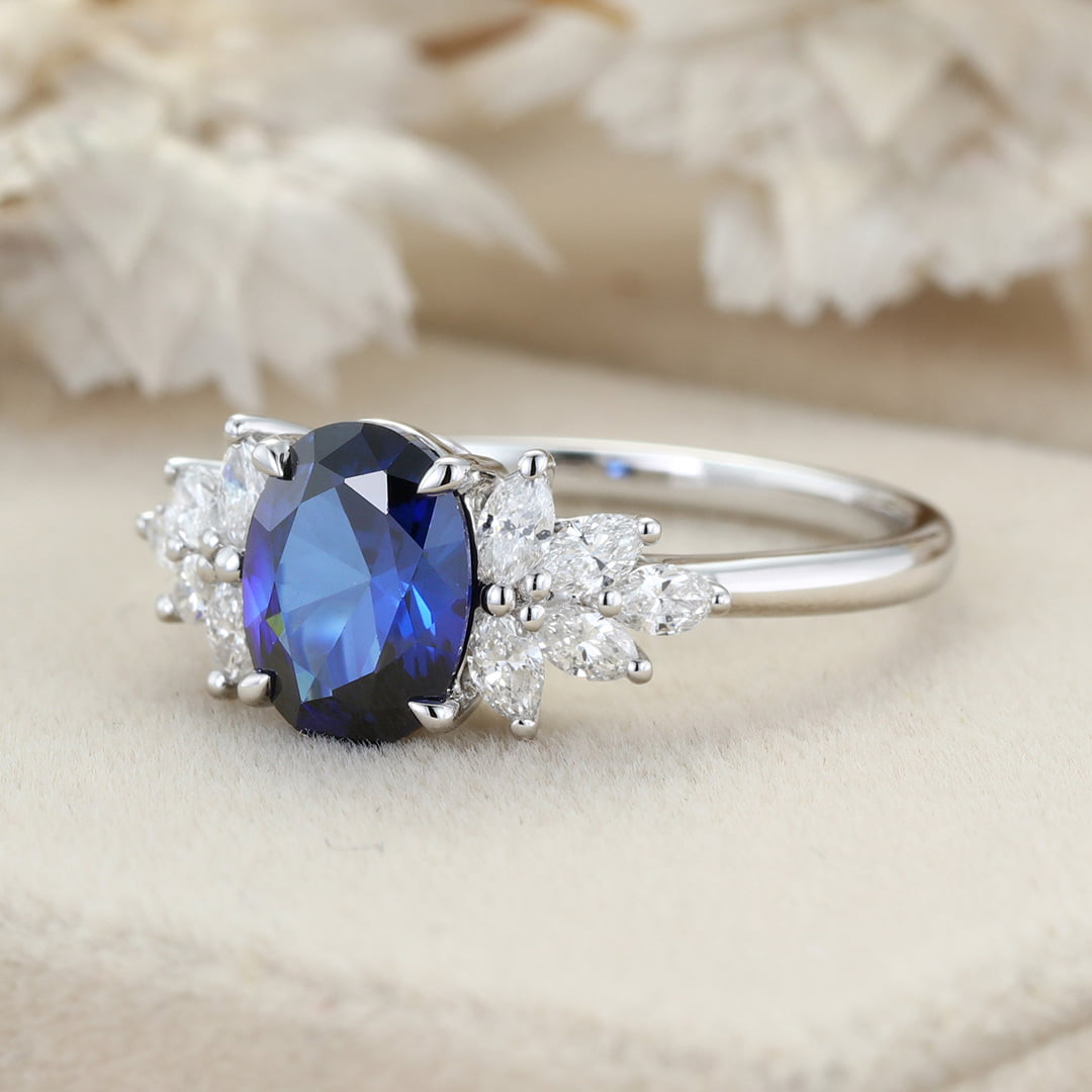 Oval Cut Sapphire Engagement Ring Women White Gold Engagement Ring Unique Vintage Cluster Marquise Diamond Wedding Bridal Anniversary Gift