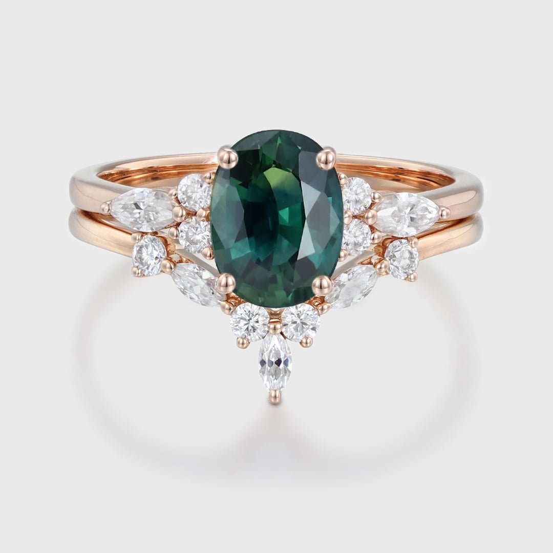 Oval Lab Blue green sapphire engagement ring set 14K Rose gold Moissanite engagement ring Diamond wedding Bridal Promise Anniversary gift