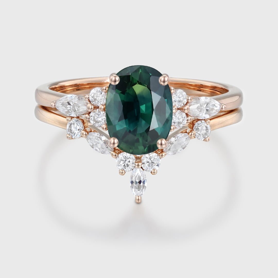 Oval Lab Blue green sapphire engagement ring set 14K Rose gold Moissanite engagement ring Diamond wedding Bridal Promise Anniversary gift
