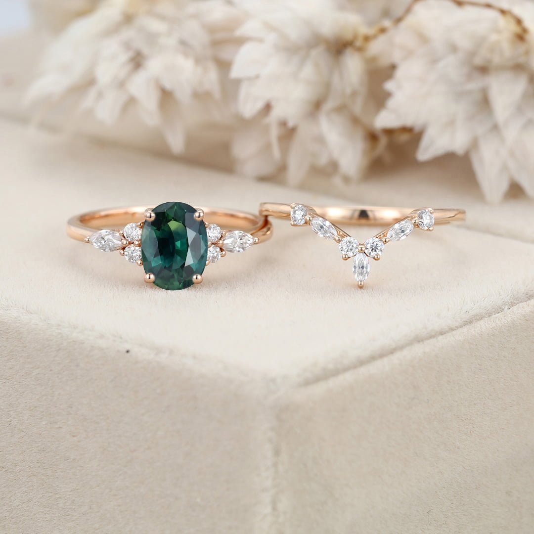 Oval Lab Blue green sapphire engagement ring set 14K Rose gold Moissanite engagement ring Diamond wedding Bridal Promise Anniversary gift