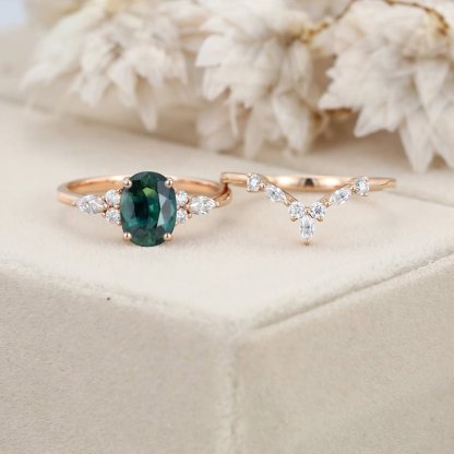 Oval Lab Blue green sapphire engagement ring set 14K Rose gold Moissanite engagement ring Diamond wedding Bridal Promise Anniversary gift