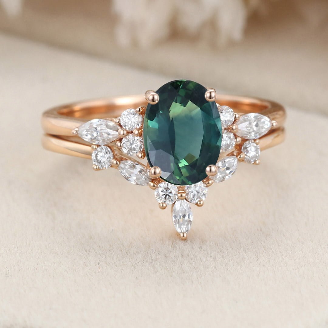Oval Lab Blue green sapphire engagement ring set 14K Rose gold Moissanite engagement ring Diamond wedding Bridal Promise Anniversary gift