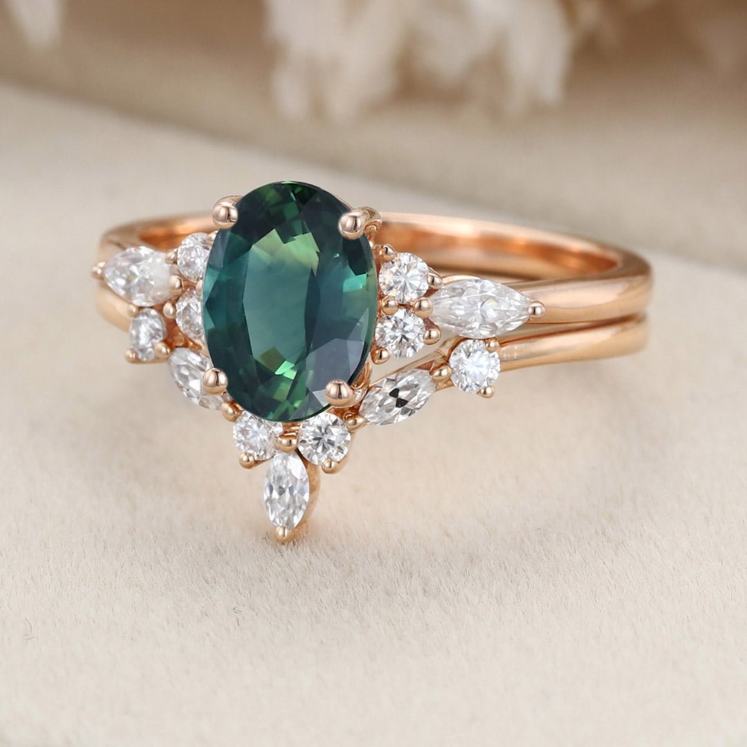 Oval Lab Blue green sapphire engagement ring set 14K Rose gold Moissanite engagement ring Diamond wedding Bridal Promise Anniversary gift