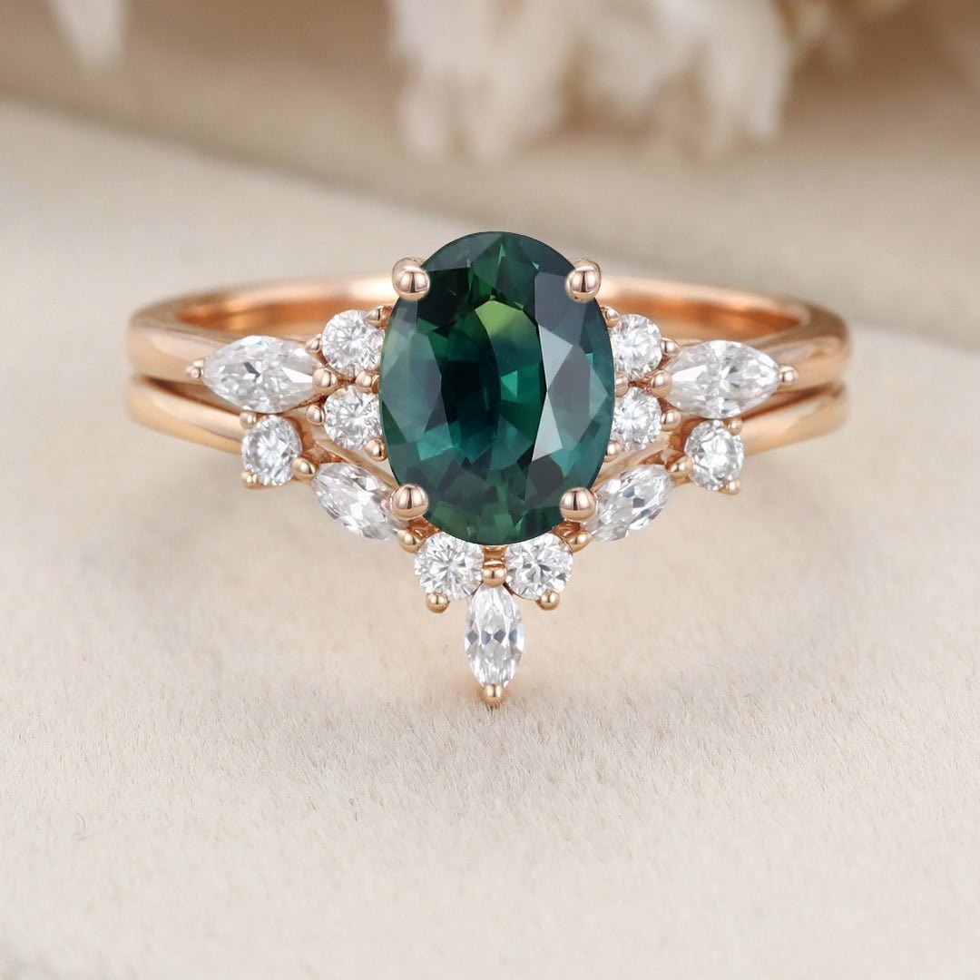 Oval Lab Blue green sapphire engagement ring set 14K Rose gold Moissanite engagement ring Diamond wedding Bridal Promise Anniversary gift