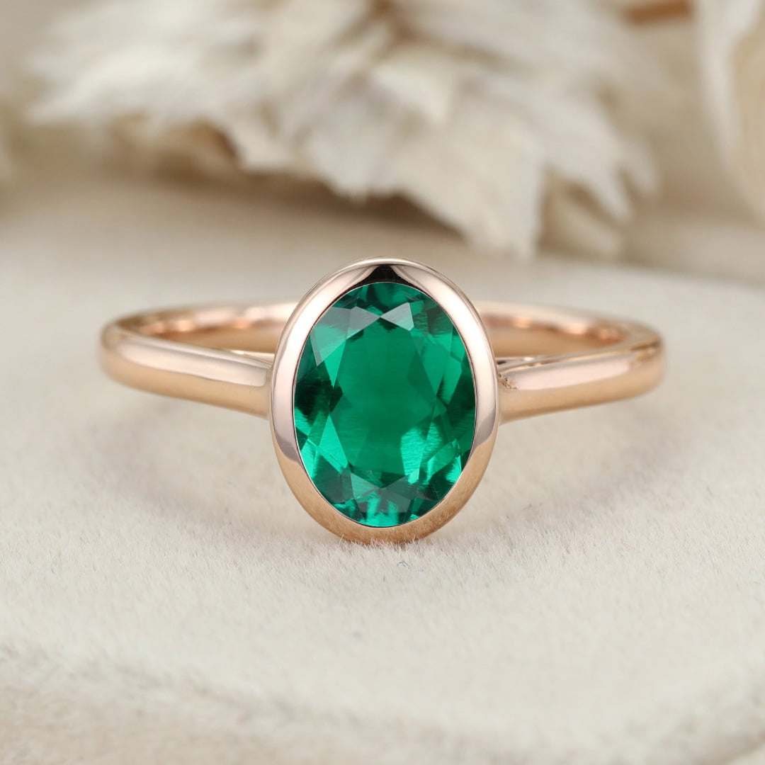 Oval Lab Emerald Engagement Ring Solitaire Ring 14K Rose Gold Emerald Ring Classic Ring May Birthstone Bezel Setting Anniversary Gift