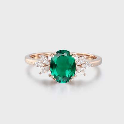 Oval Lab Emerald engagement ring Unique Vintage 14K Rose gold Marquise Moissanite ring art deco diamond wedding band anniversary gift ring