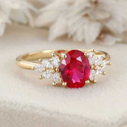 Oval Lab Ruby engagement ring vintage Yellow Gold Cluster engagement ring marquise Opal wedding Bridal Promise gift for her