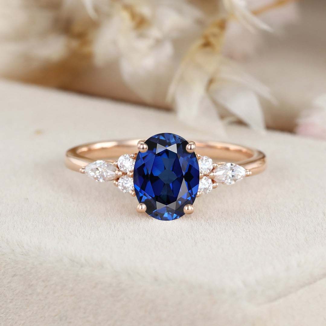 Oval Lab Sapphire engagement ring Unique Cluster rose gold engagement ring women Marquise diamond wedding Bridal art deco Anniversary gift