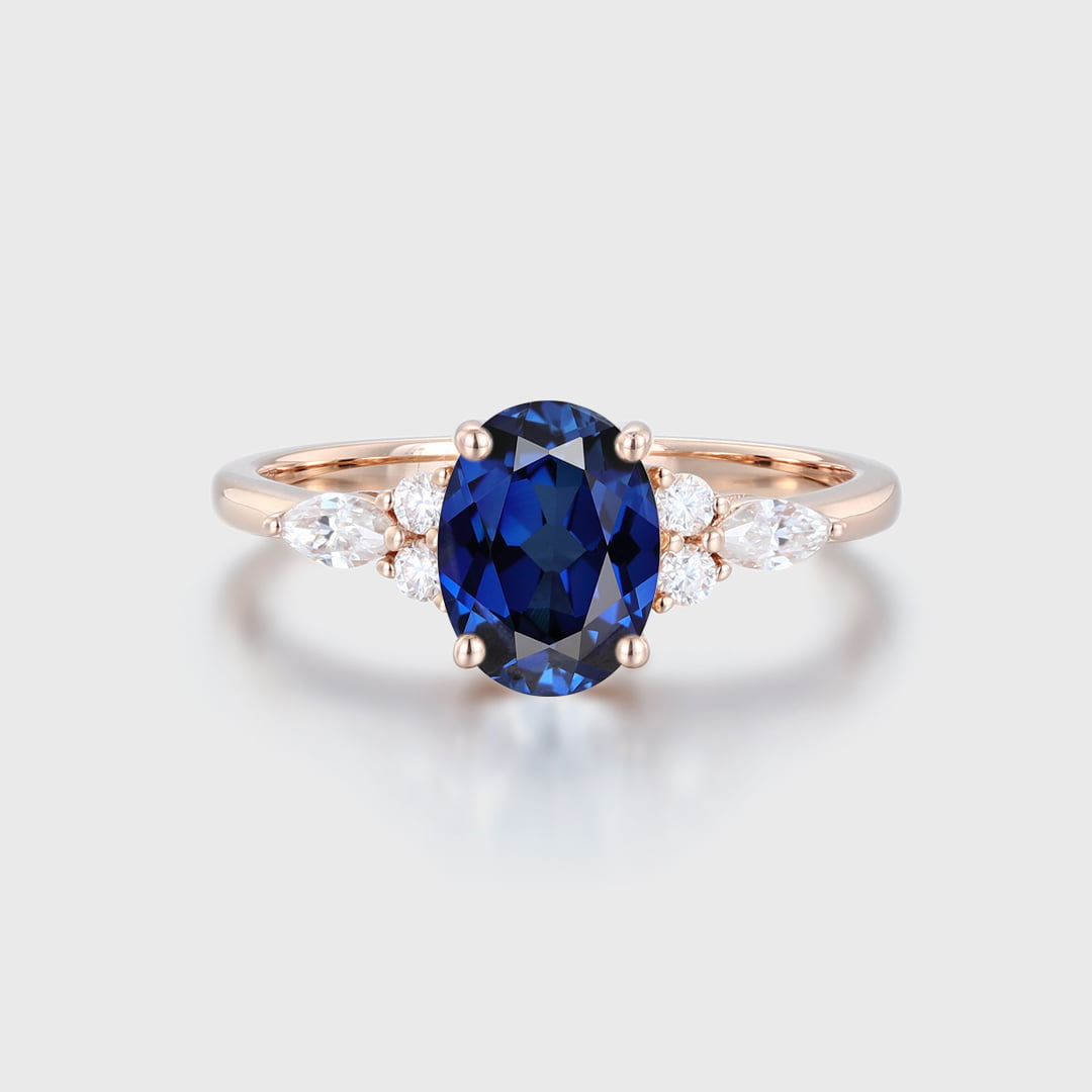 Oval Lab Sapphire engagement ring Unique Cluster rose gold engagement ring women Marquise diamond wedding Bridal art deco Anniversary gift
