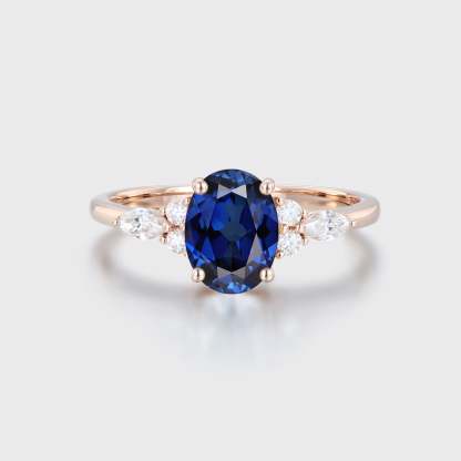 Oval Lab Sapphire engagement ring Unique Cluster rose gold engagement ring women Marquise diamond wedding Bridal art deco Anniversary gift