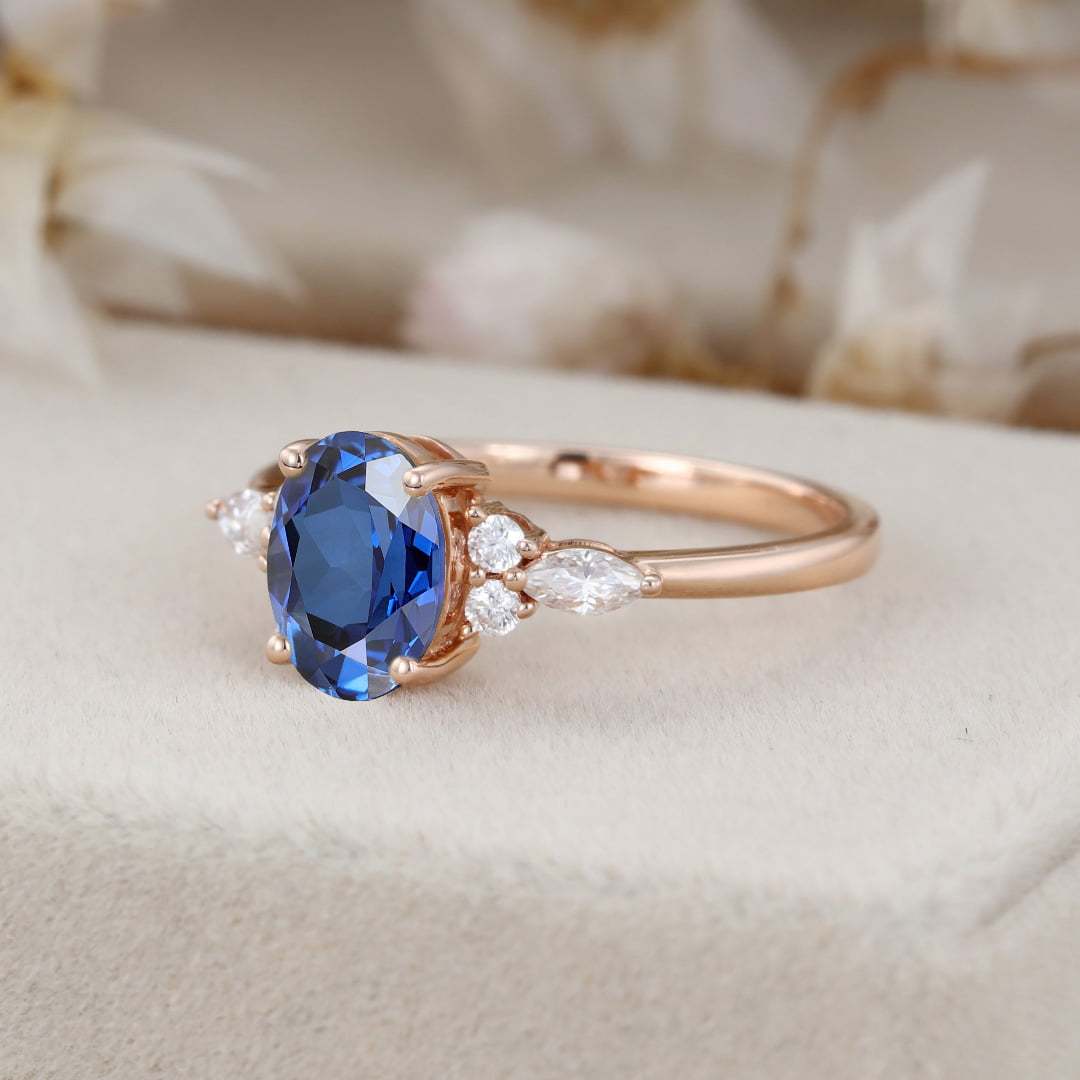 Oval Lab Sapphire engagement ring Unique Cluster rose gold engagement ring women Marquise diamond wedding Bridal art deco Anniversary gift