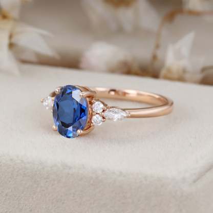 Oval Lab Sapphire engagement ring Unique Cluster rose gold engagement ring women Marquise diamond wedding Bridal art deco Anniversary gift
