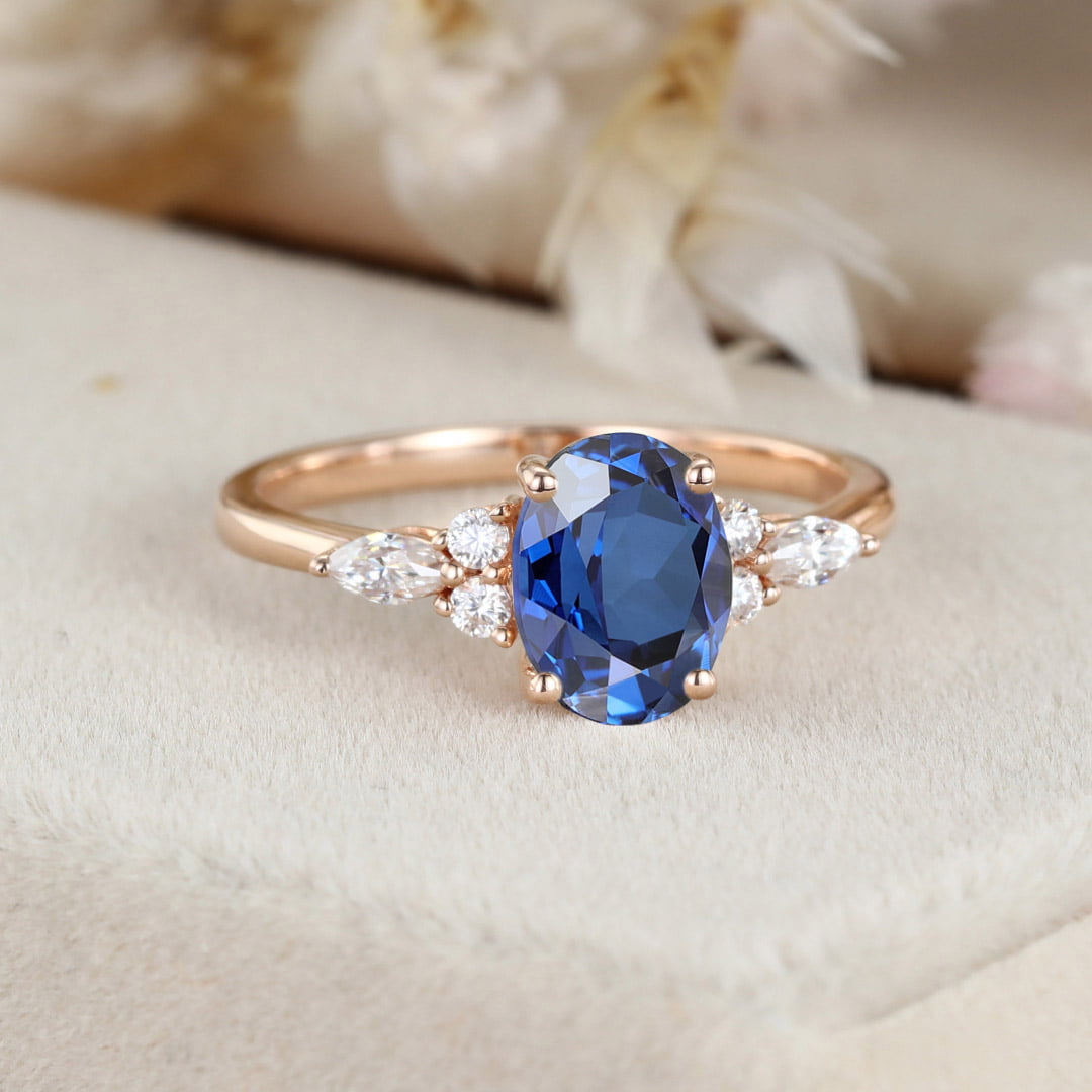 Oval Lab Sapphire engagement ring Unique Cluster rose gold engagement ring women Marquise diamond wedding Bridal art deco Anniversary gift
