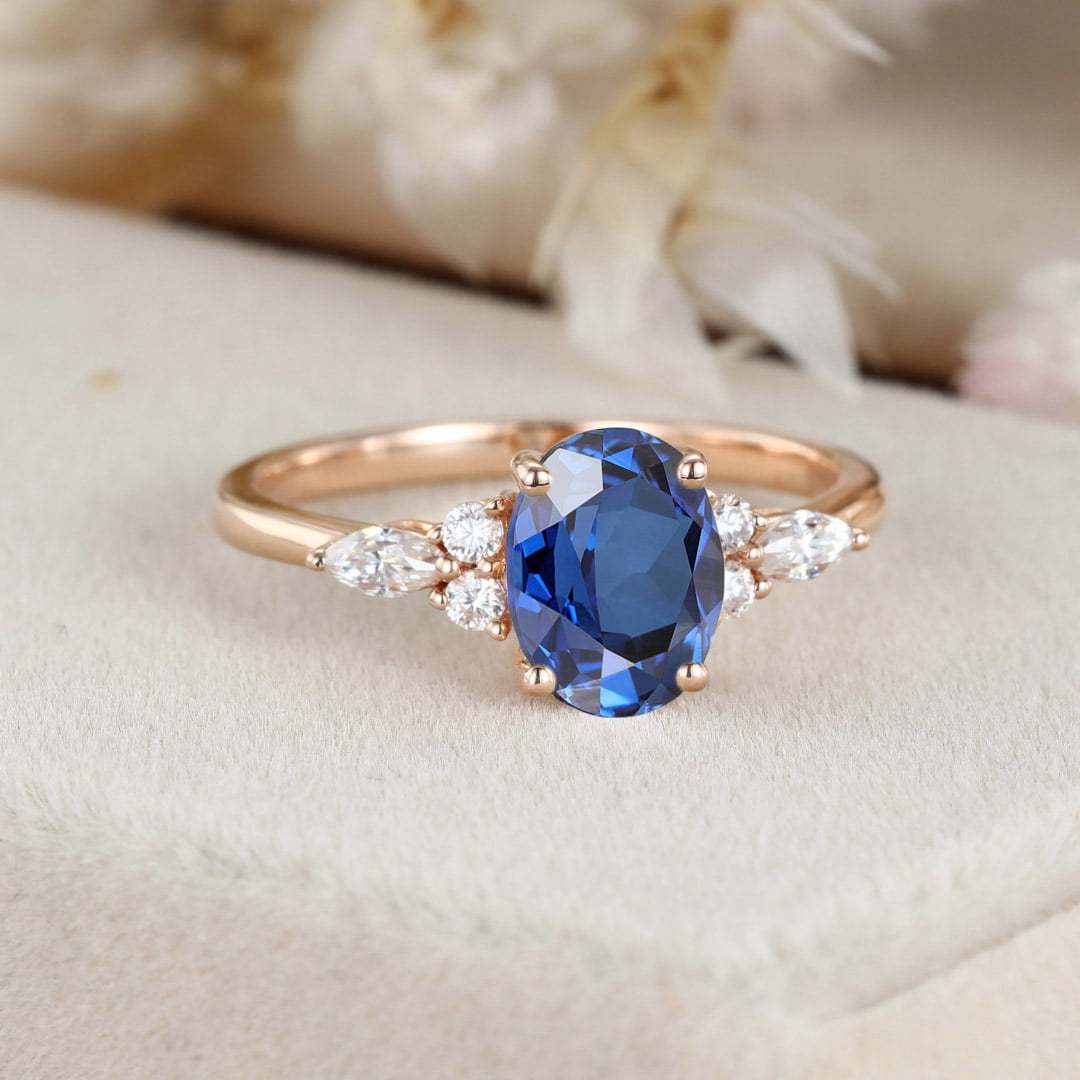 Oval Lab Sapphire engagement ring Unique Cluster rose gold engagement ring women Marquise diamond wedding Bridal art deco Anniversary gift
