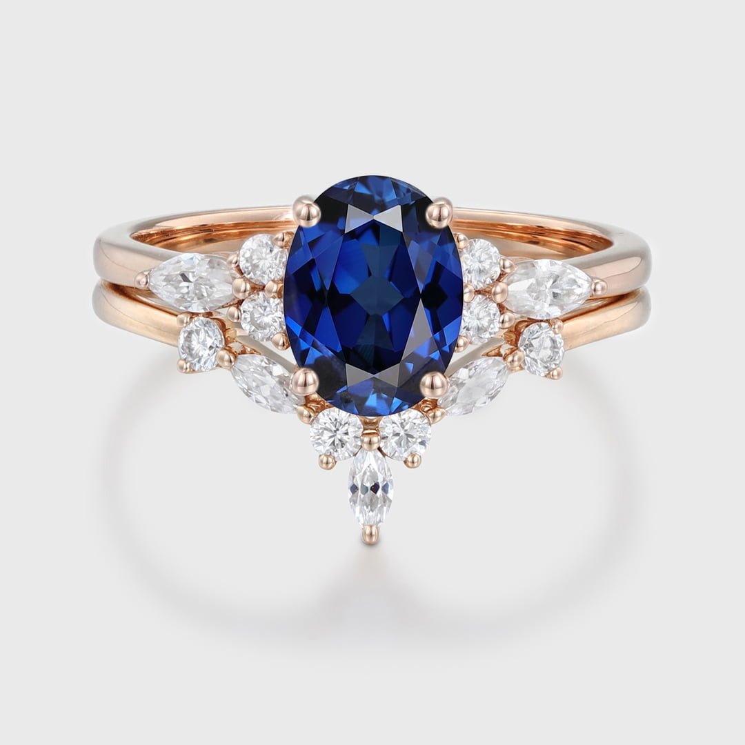 Oval Lab Sapphire engagement ring set 14K Rose gold engagement ring Marquise Cluster ring diamond wedding Bridal Promise Anniversary gift