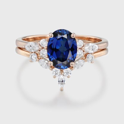 Oval Lab Sapphire engagement ring set 14K Rose gold engagement ring Marquise Cluster ring diamond wedding Bridal Promise Anniversary gift