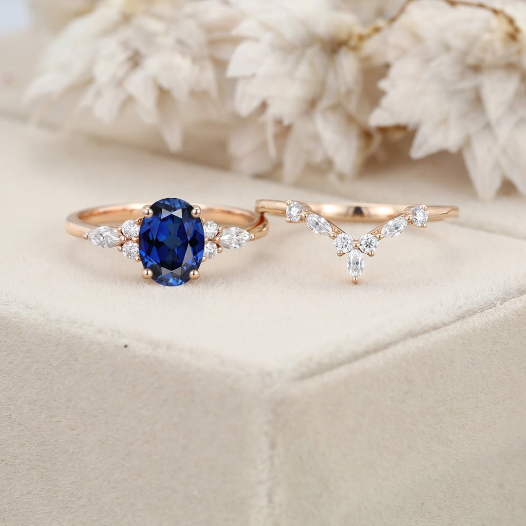Oval Lab Sapphire engagement ring set 14K Rose gold engagement ring Marquise Cluster ring diamond wedding Bridal Promise Anniversary gift