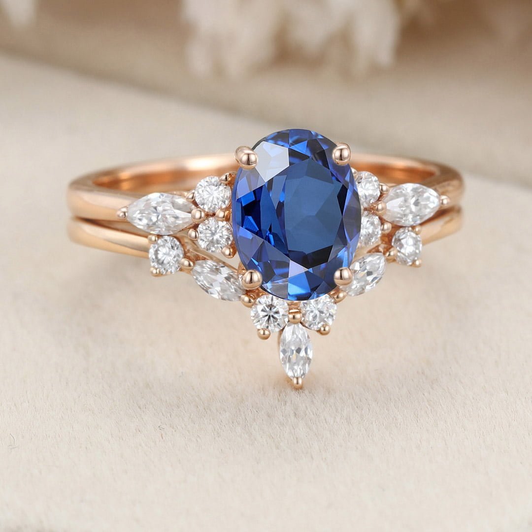 Oval Lab Sapphire engagement ring set 14K Rose gold engagement ring Marquise Cluster ring diamond wedding Bridal Promise Anniversary gift