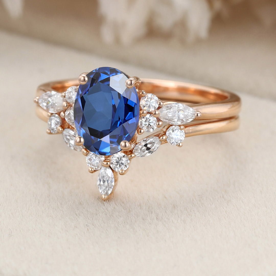 Oval Lab Sapphire engagement ring set 14K Rose gold engagement ring Marquise Cluster ring diamond wedding Bridal Promise Anniversary gift
