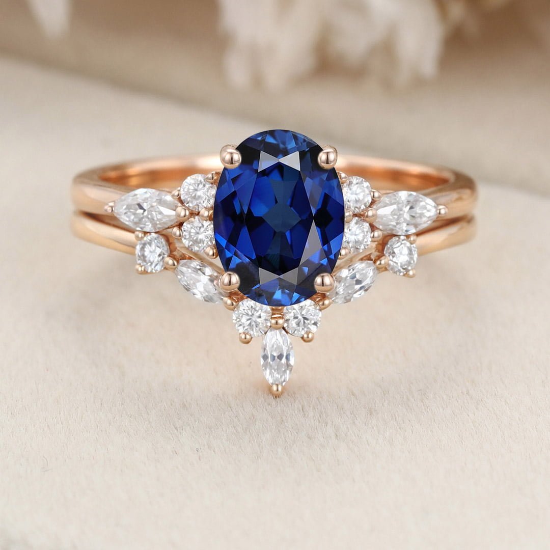 Oval Lab Sapphire engagement ring set 14K Rose gold engagement ring Marquise Cluster ring diamond wedding Bridal Promise Anniversary gift