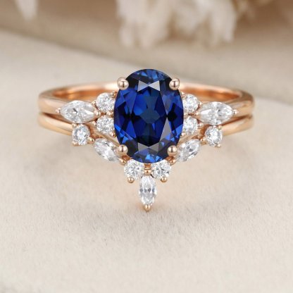 Oval Lab Sapphire engagement ring set 14K Rose gold engagement ring Marquise Cluster ring diamond wedding Bridal Promise Anniversary gift