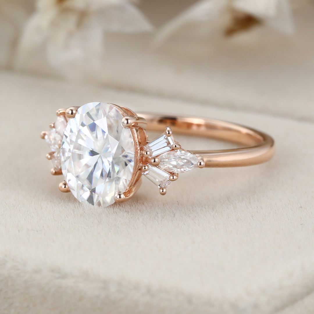 2 Carat Oval Moissanite Side Stones Engagement Ring In 14K Rose Gold