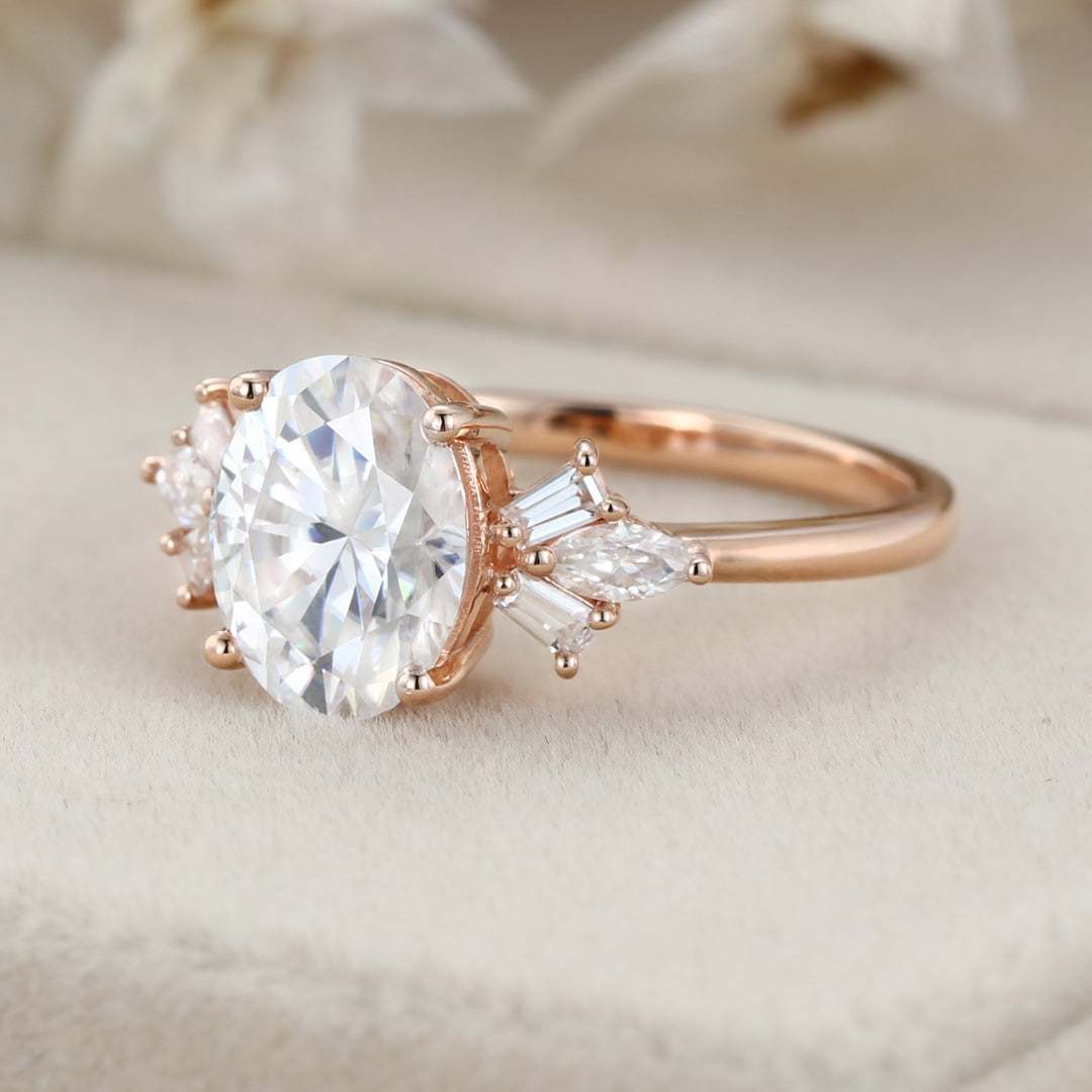 2 Carat Oval Moissanite Side Stones Engagement Ring In 14K Rose Gold